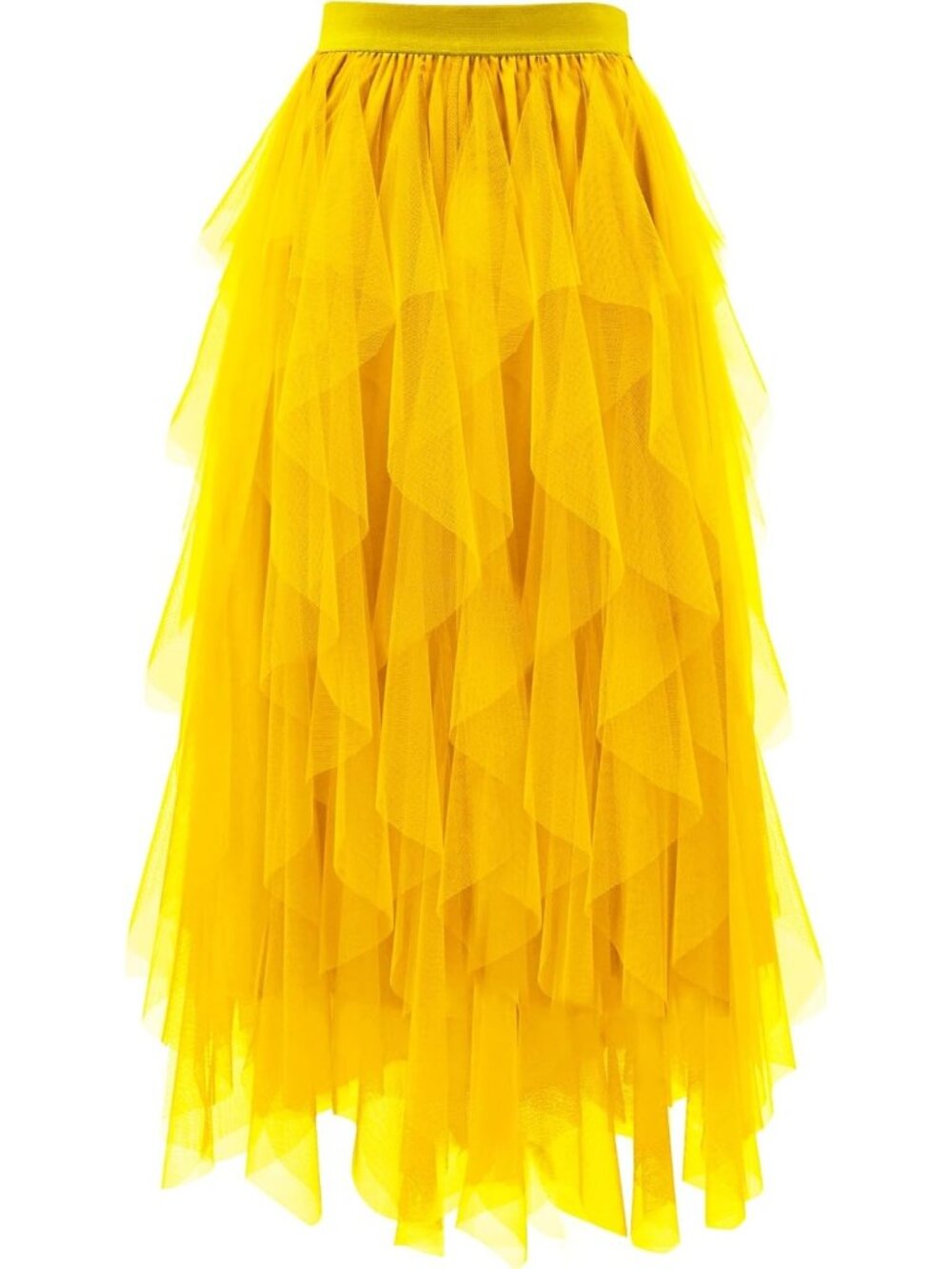 Women's Yellow High Waist Layered Tulle Mesh Ruffle Asymmetric Midi Tutu Skirt